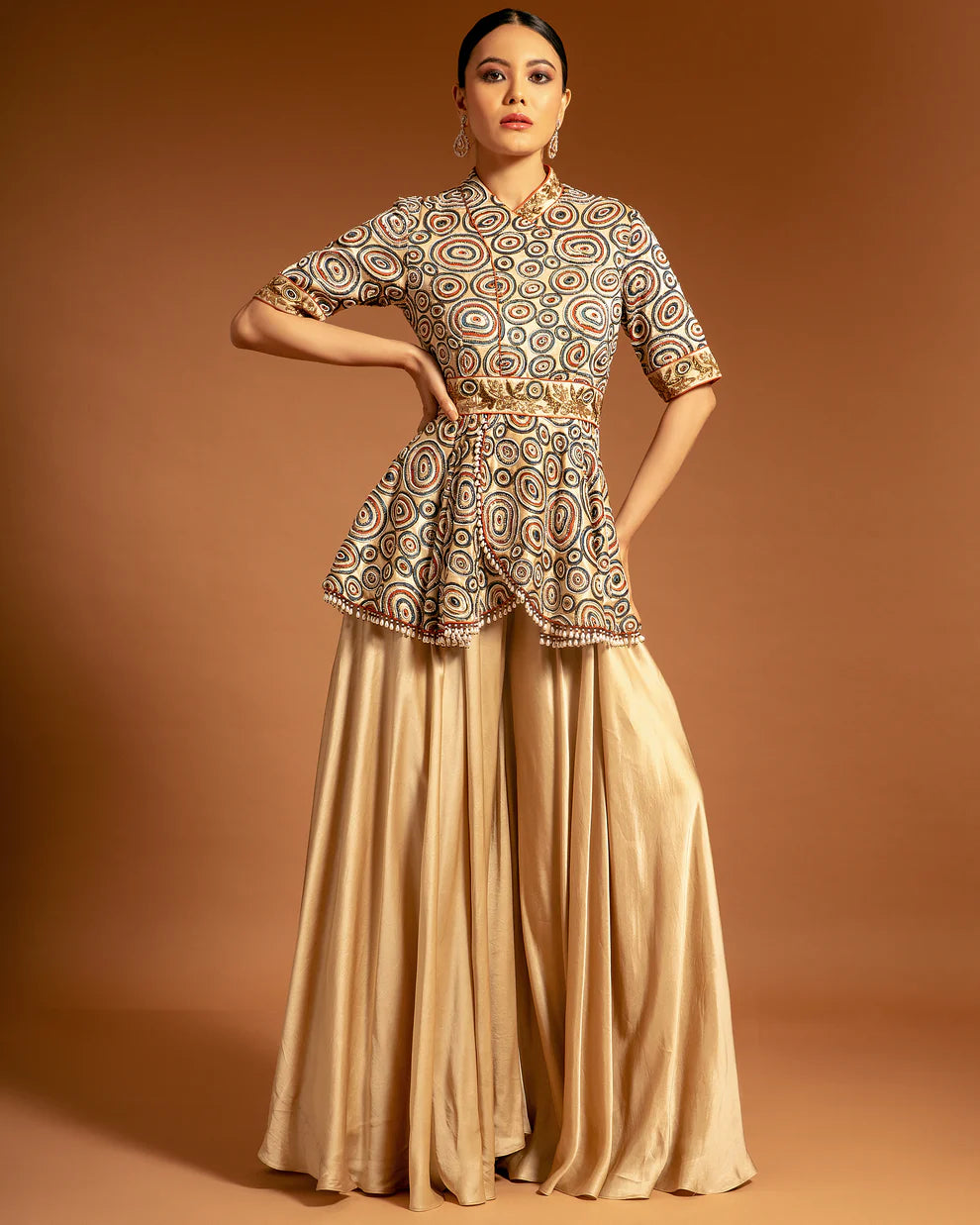 Beige Ajrak Embellished Peplum Jumpsuit