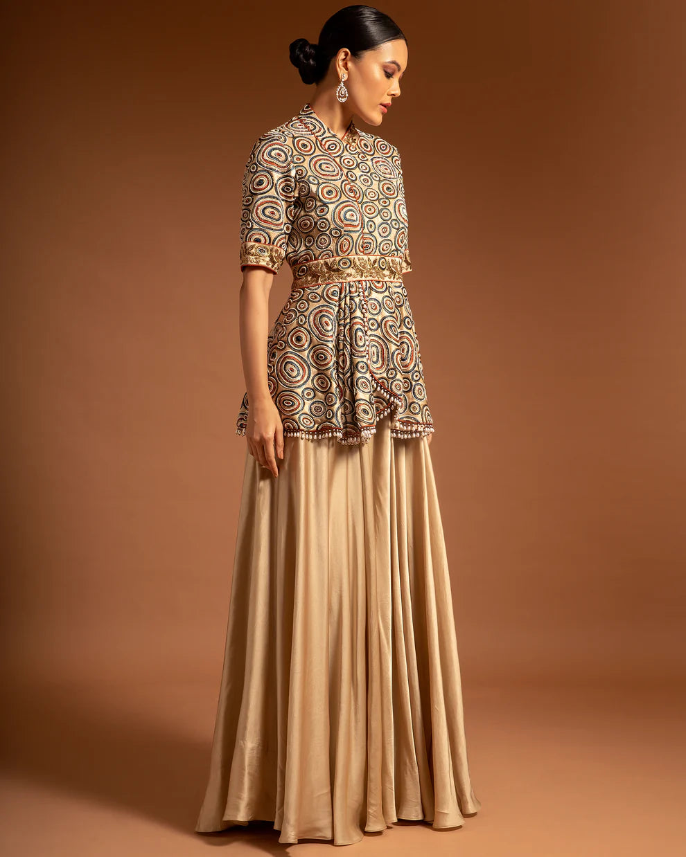 Beige Ajrak Embellished Peplum Jumpsuit