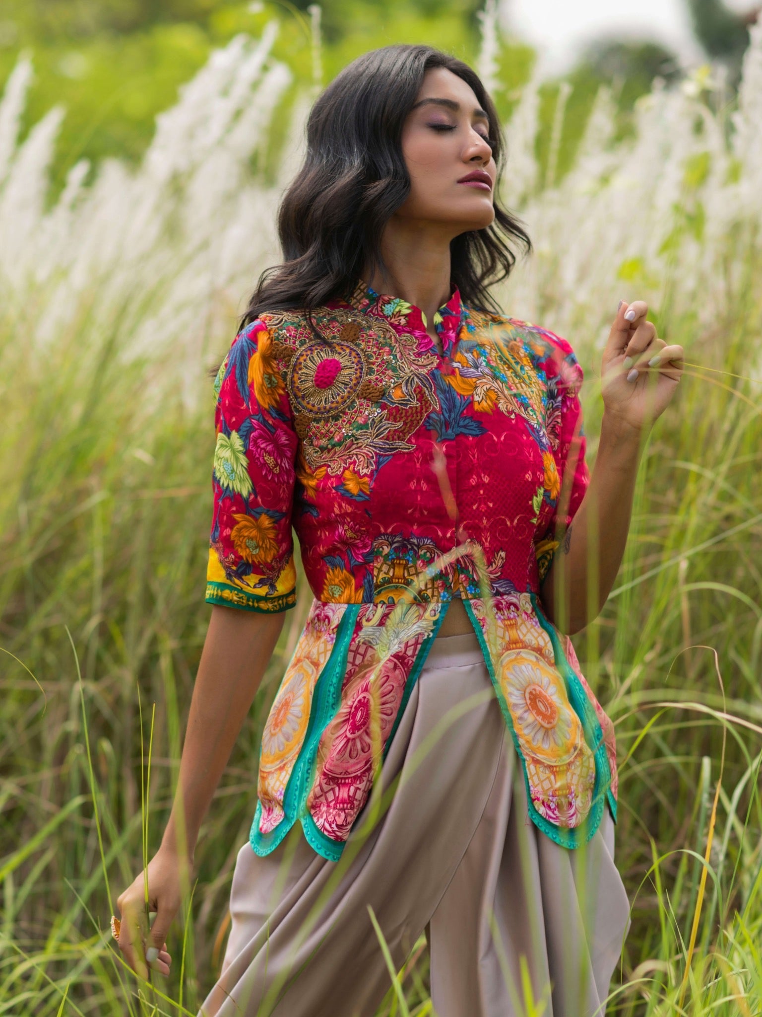 Torana Embroidered Peplum Top with Dhoti Pants