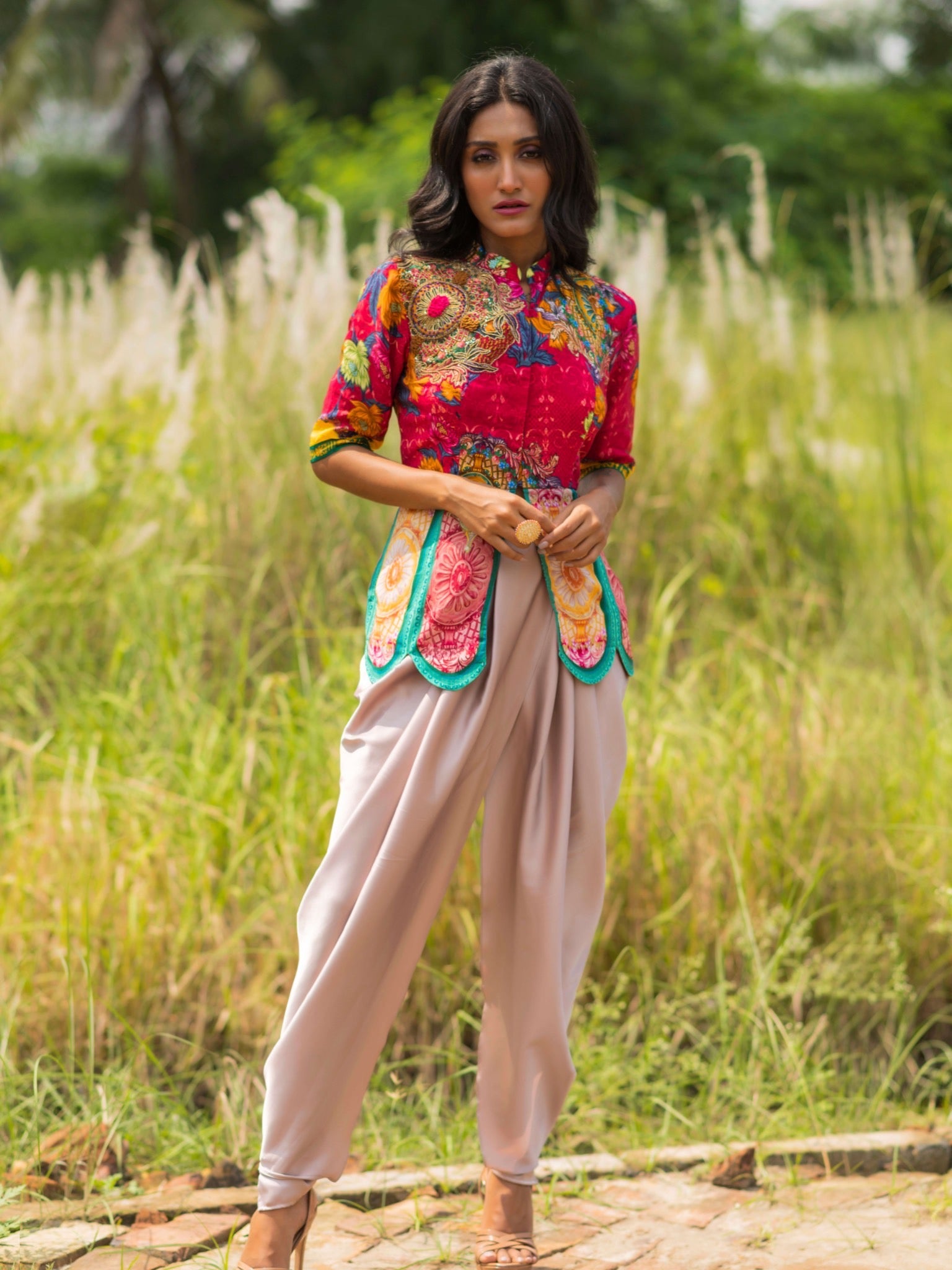 Torana Embroidered Peplum Top with Dhoti Pants