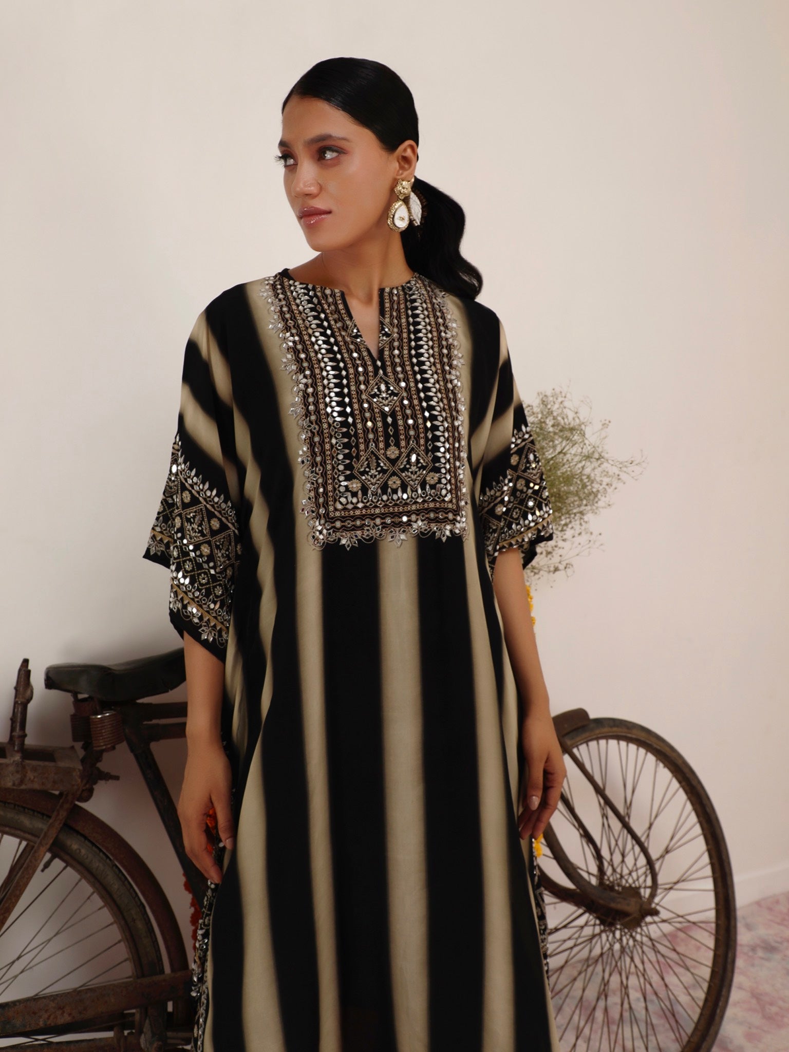 Salma Sitara Black & Beige  Kaftan Set