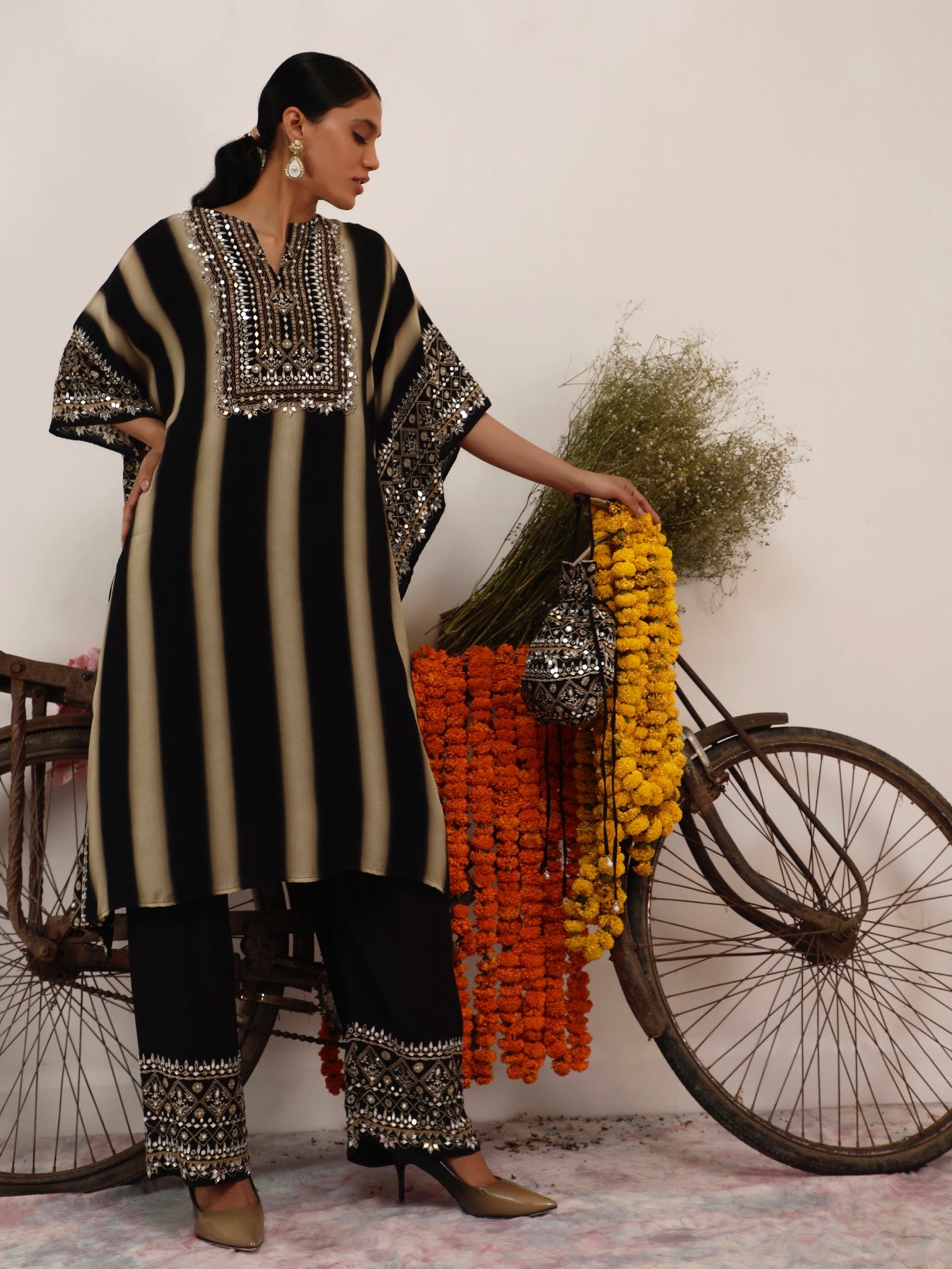 Salma Sitara Black & Beige  Kaftan Set