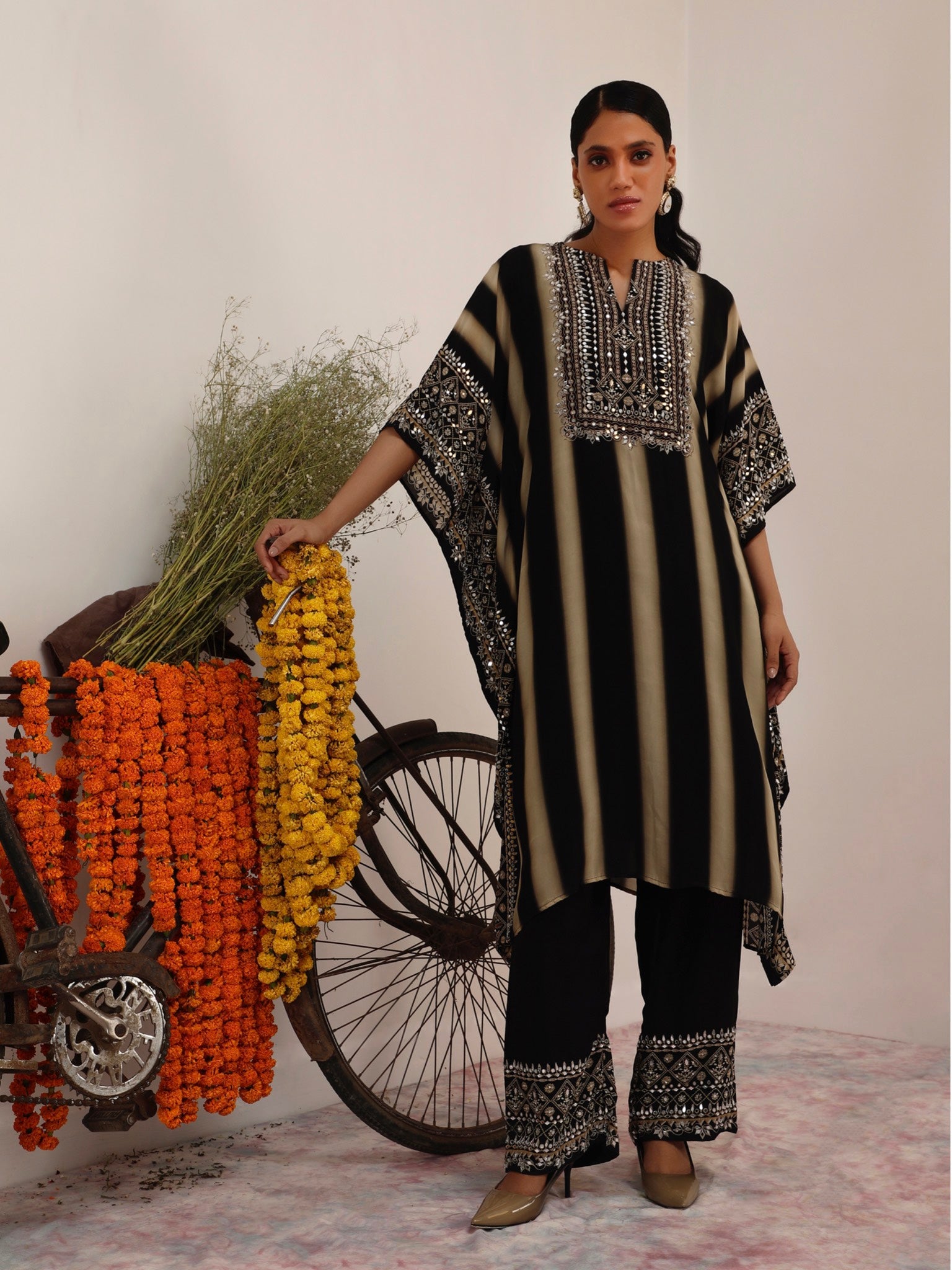 Salma Sitara Black & Beige  Kaftan Set