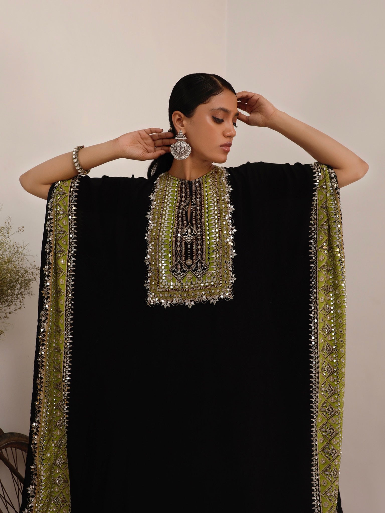 Salma Sitara Black & Green Kaftan Set