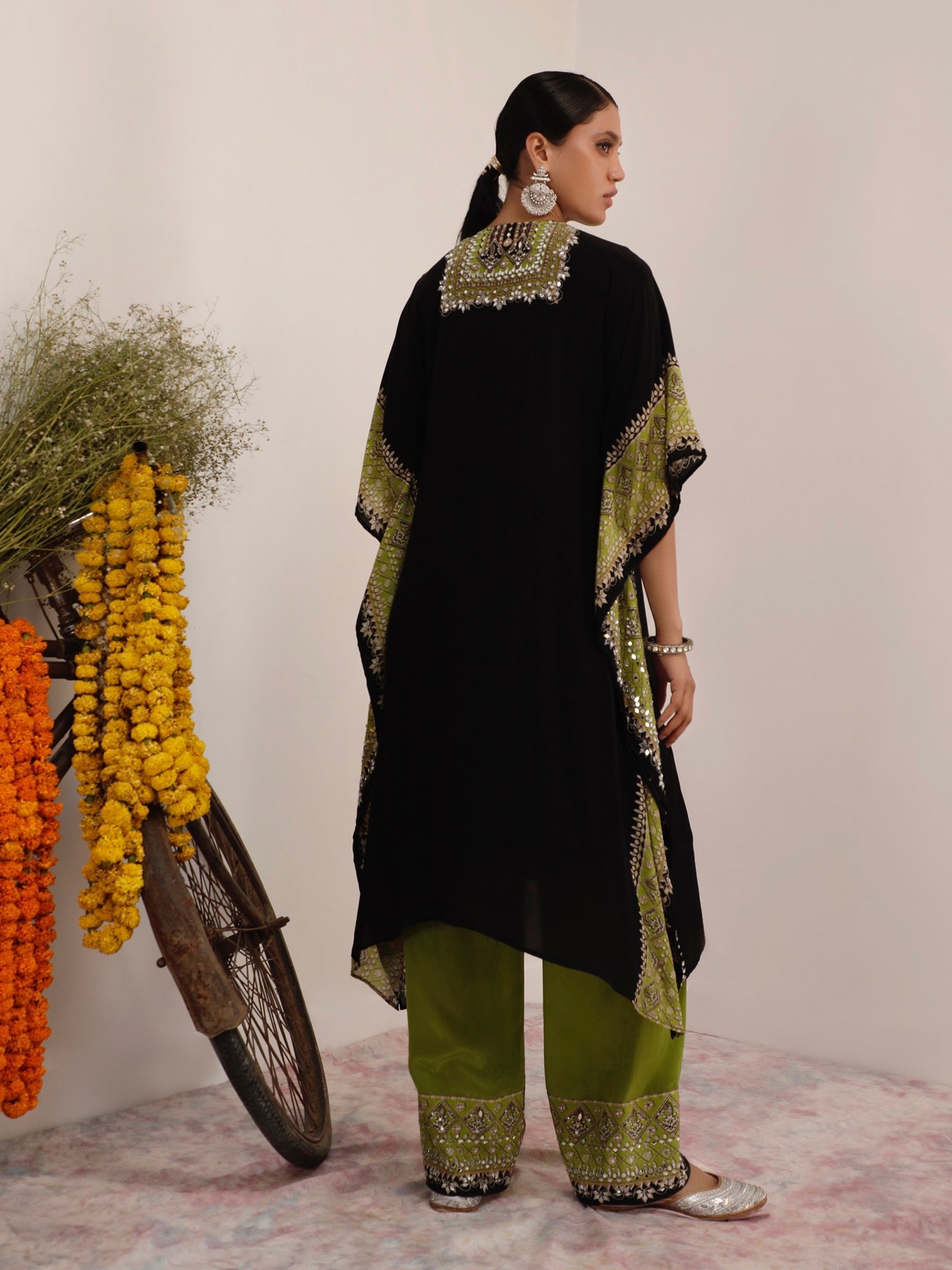 Salma Sitara Black & Green Kaftan Set