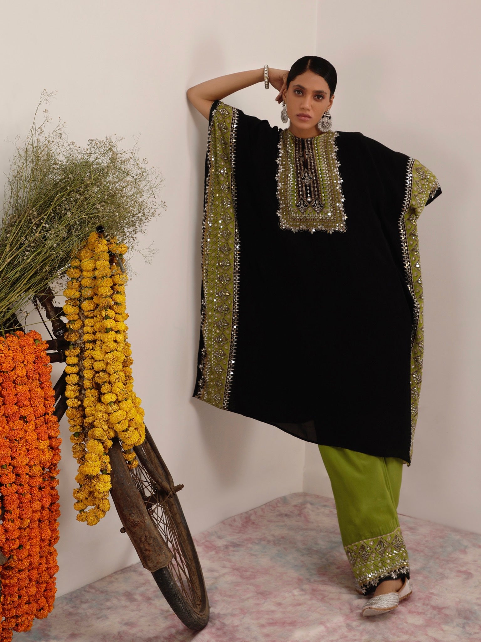 Salma Sitara Black & Green Kaftan Set