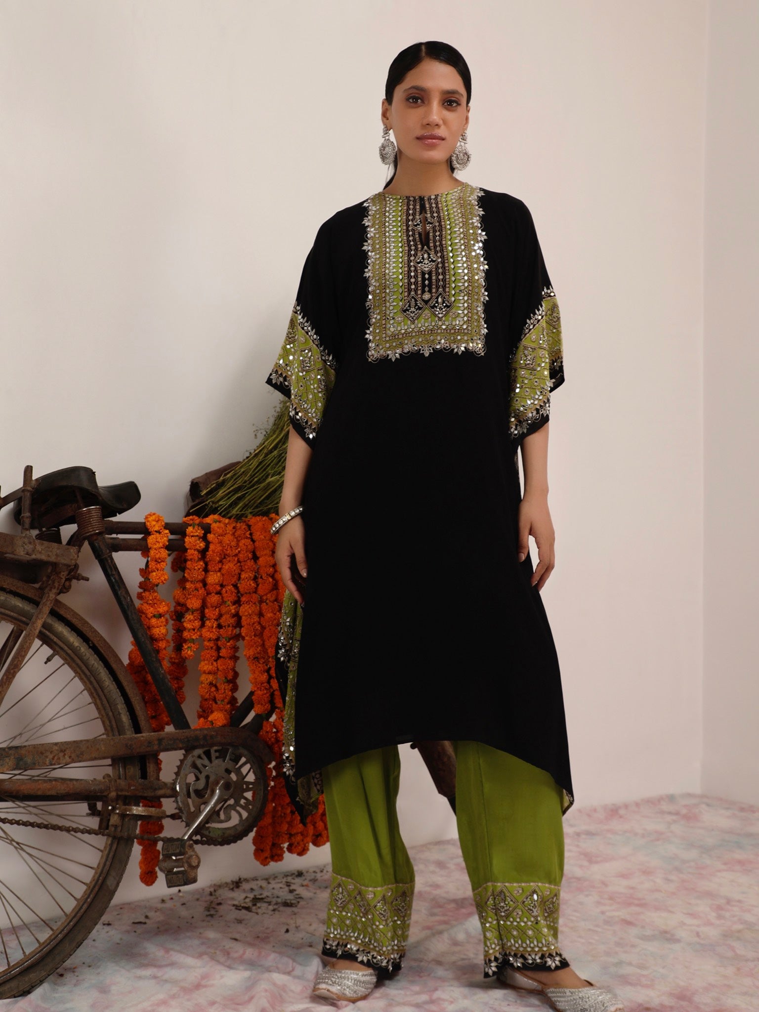 Salma Sitara Black & Green Kaftan Set