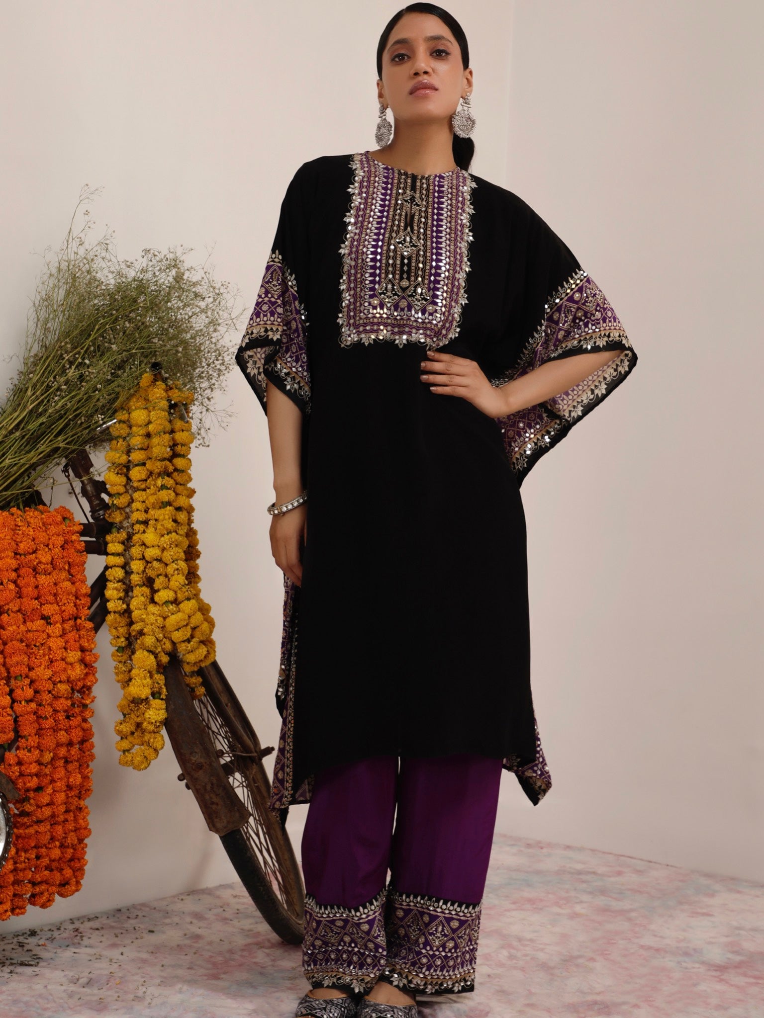 Salma Sitara Black & Purple Kaftan Set