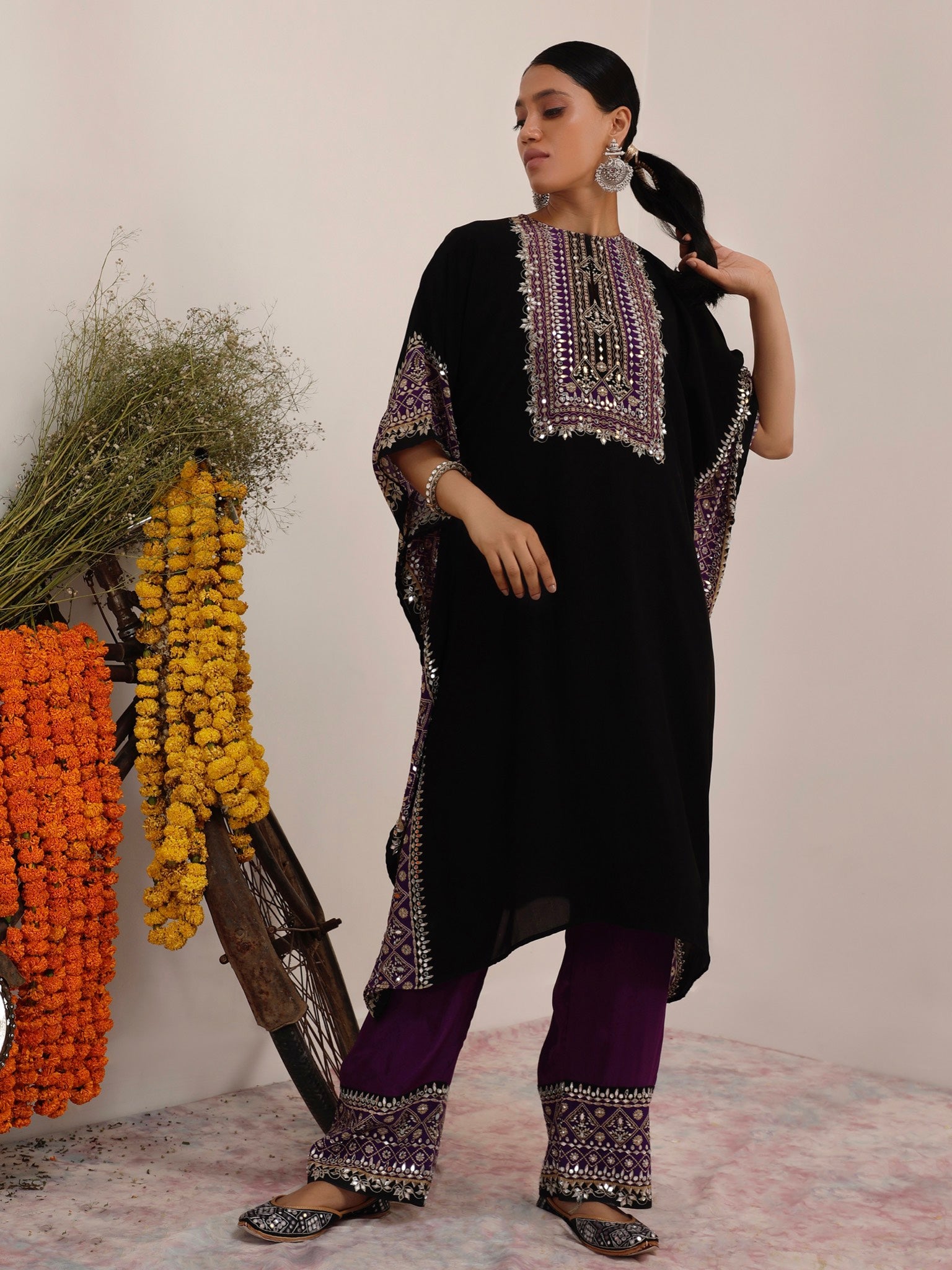 Salma Sitara Black & Purple Kaftan Set