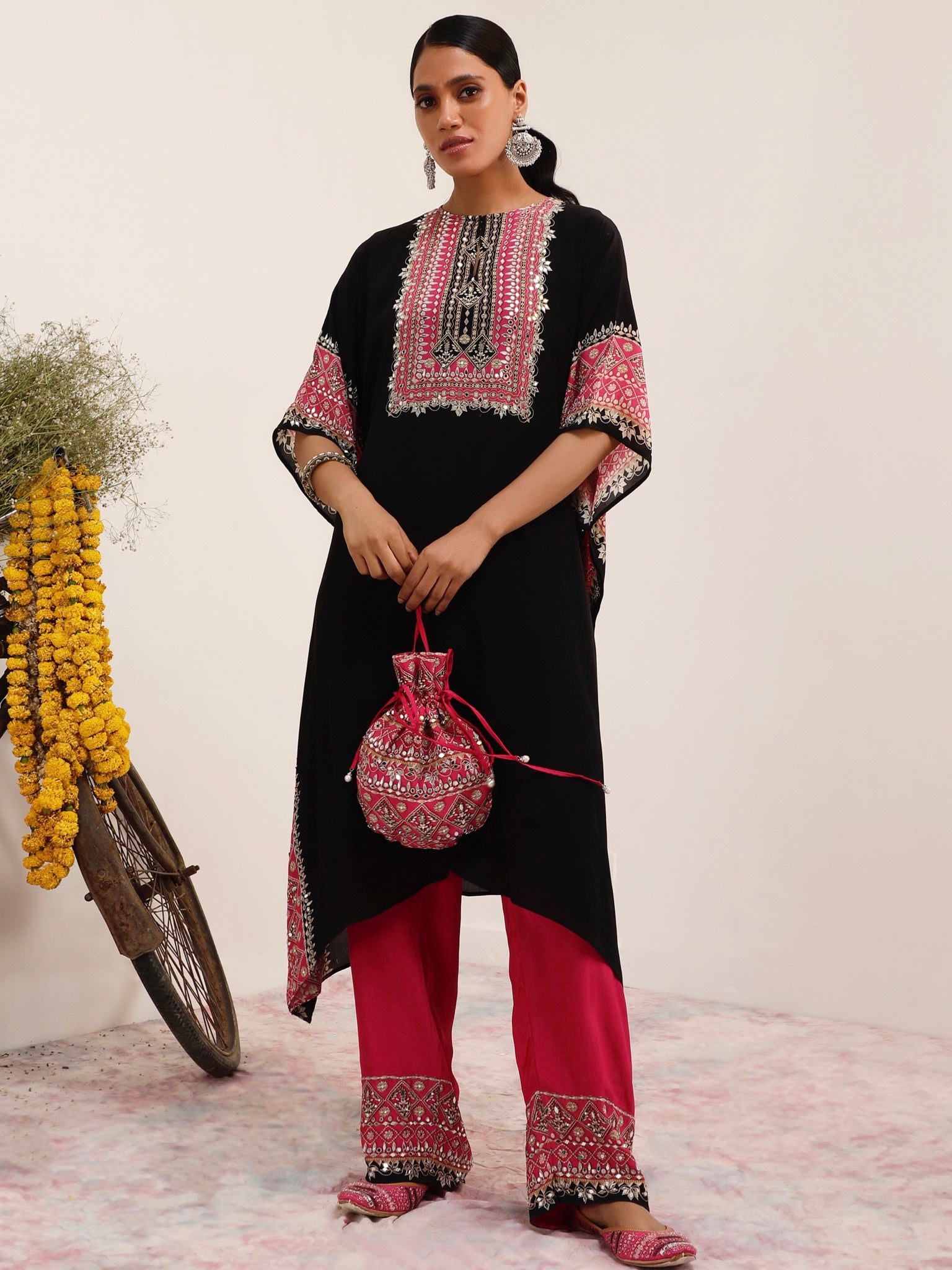 Salma Sitara Black & Pink Kaftan Set