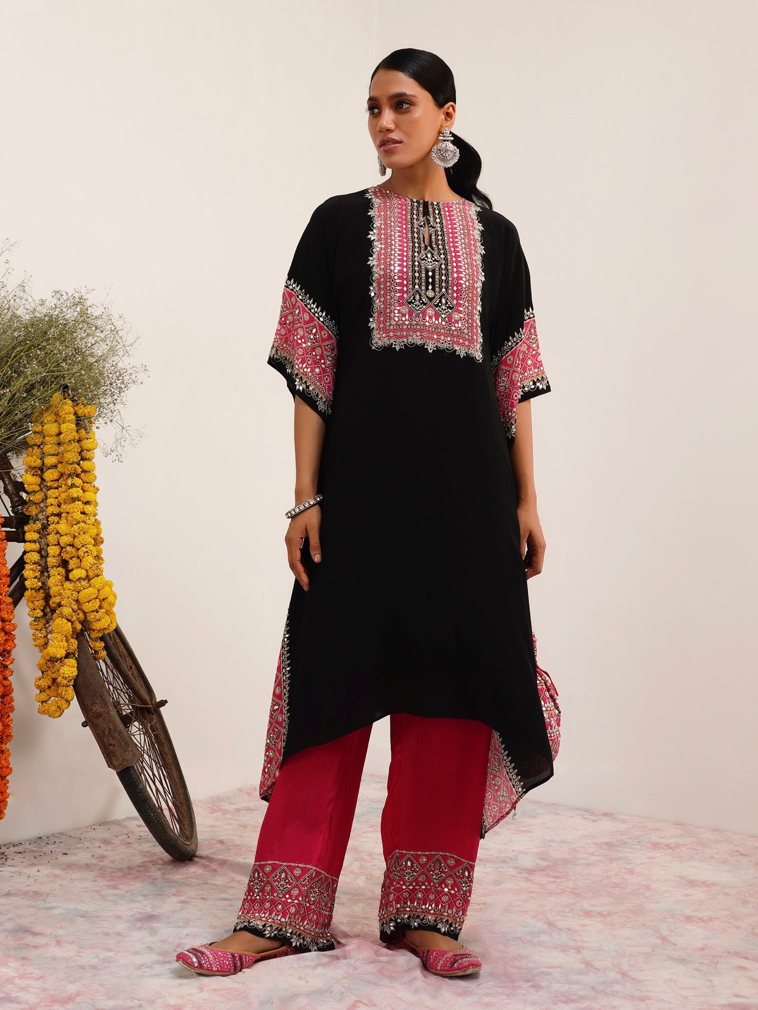 Salma Sitara Black & Pink Kaftan Set