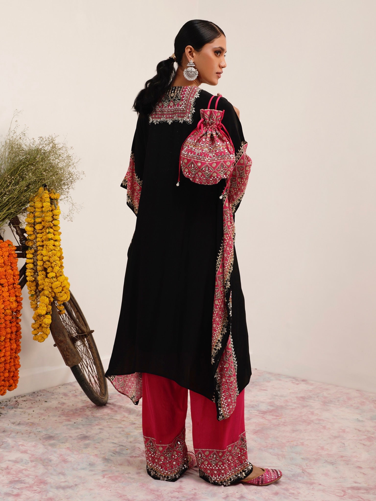 Salma Sitara Black & Pink Kaftan Set