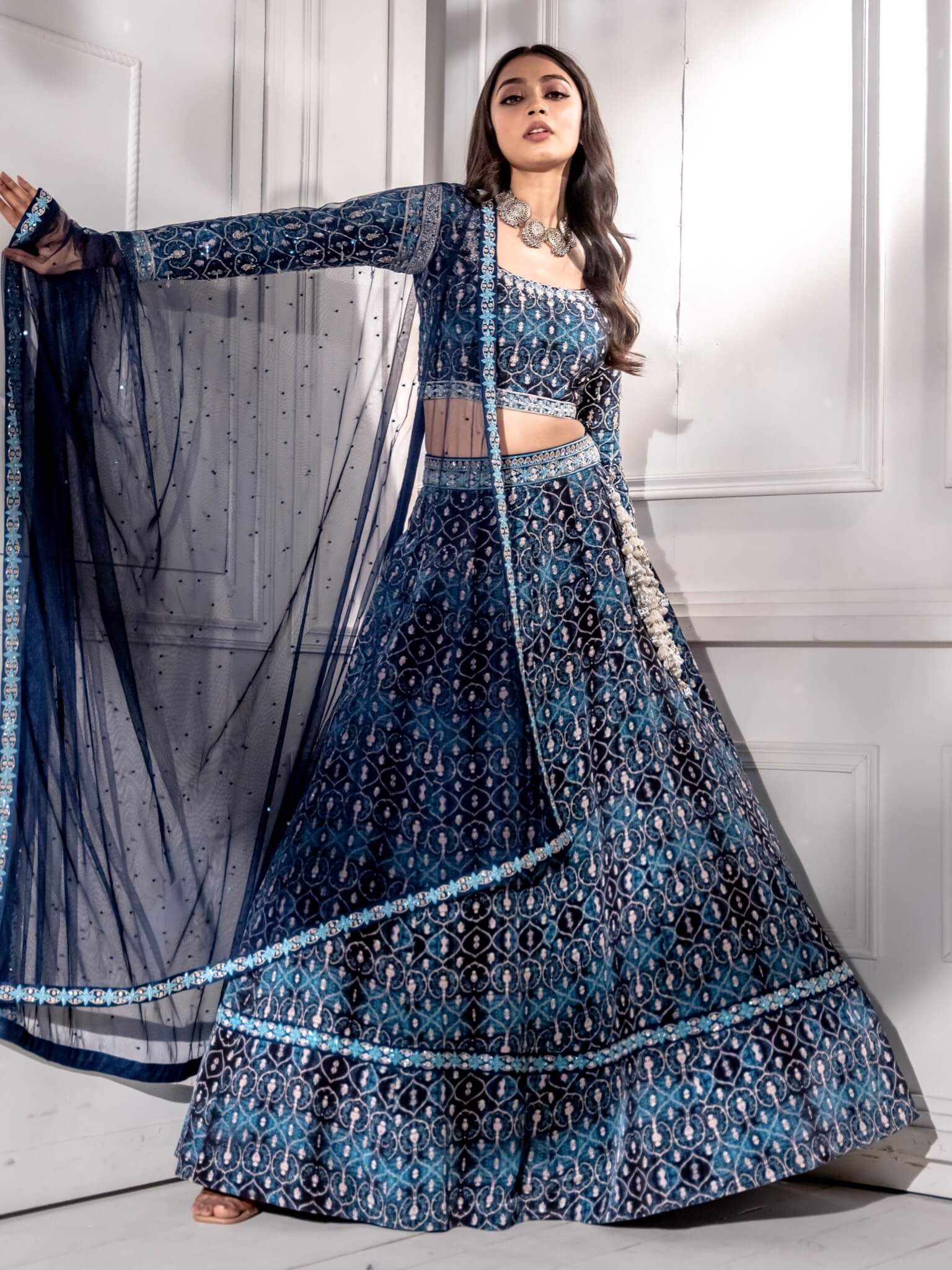 Buy Blue Net Embroidered Pearl Leaf Neck And Sequin Bridal Lehenga Set For  Women by Seema Gujral Online at Aza Fashions.