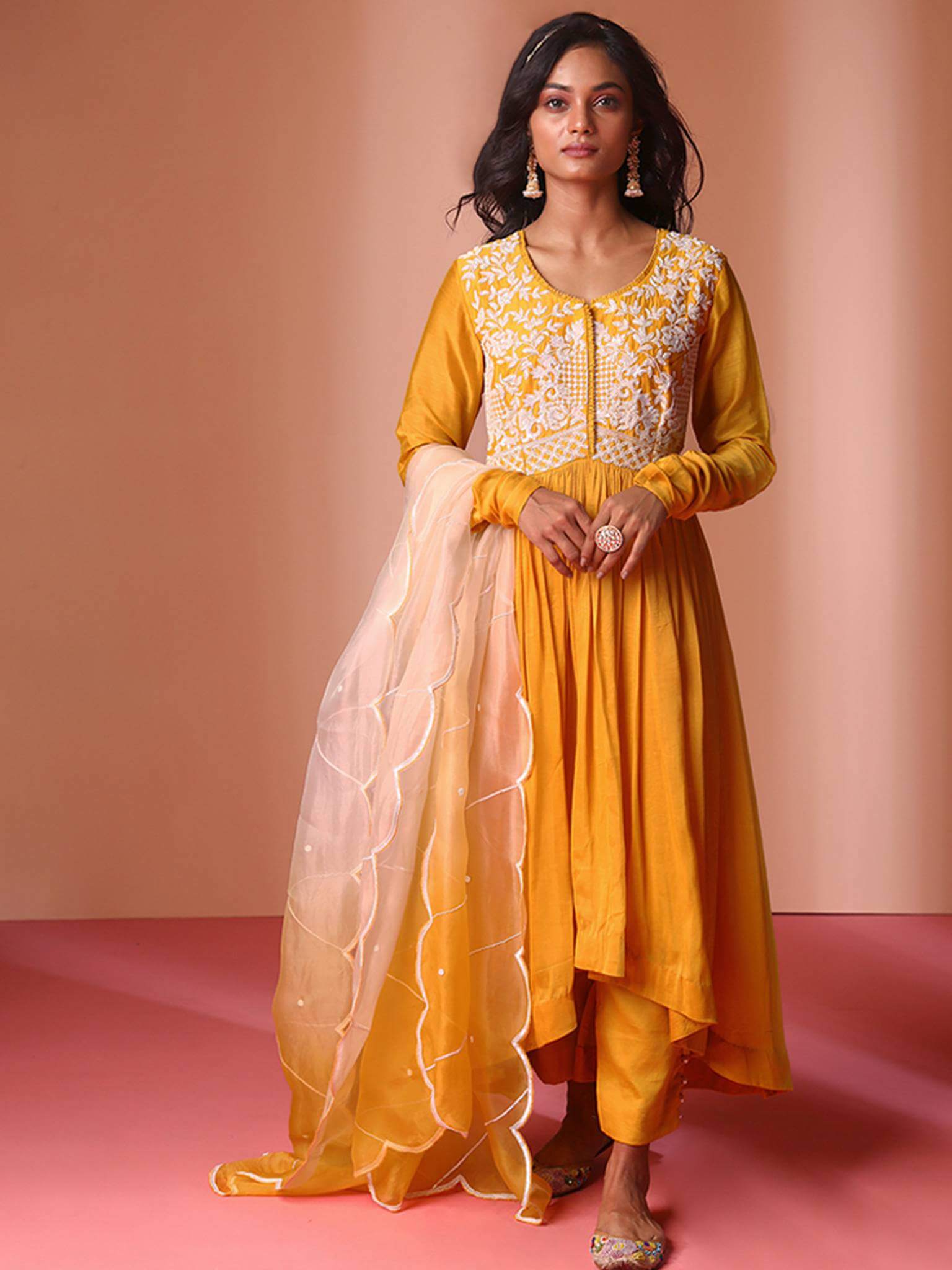 Mustard Zari and Resham Thread Embroidered Muslin Anarkali Suit  Meena  Bazaar